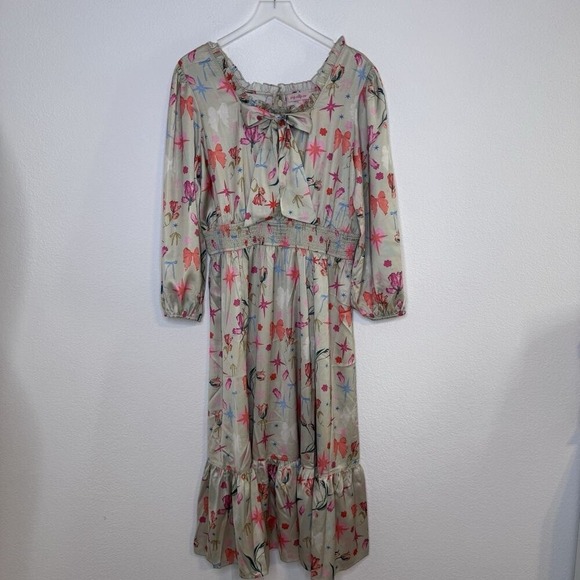 Ivy City Co XL Dress Midi Ruffle Bow Star Floral Print Satin Long Sleeve - Picture 6 of 14